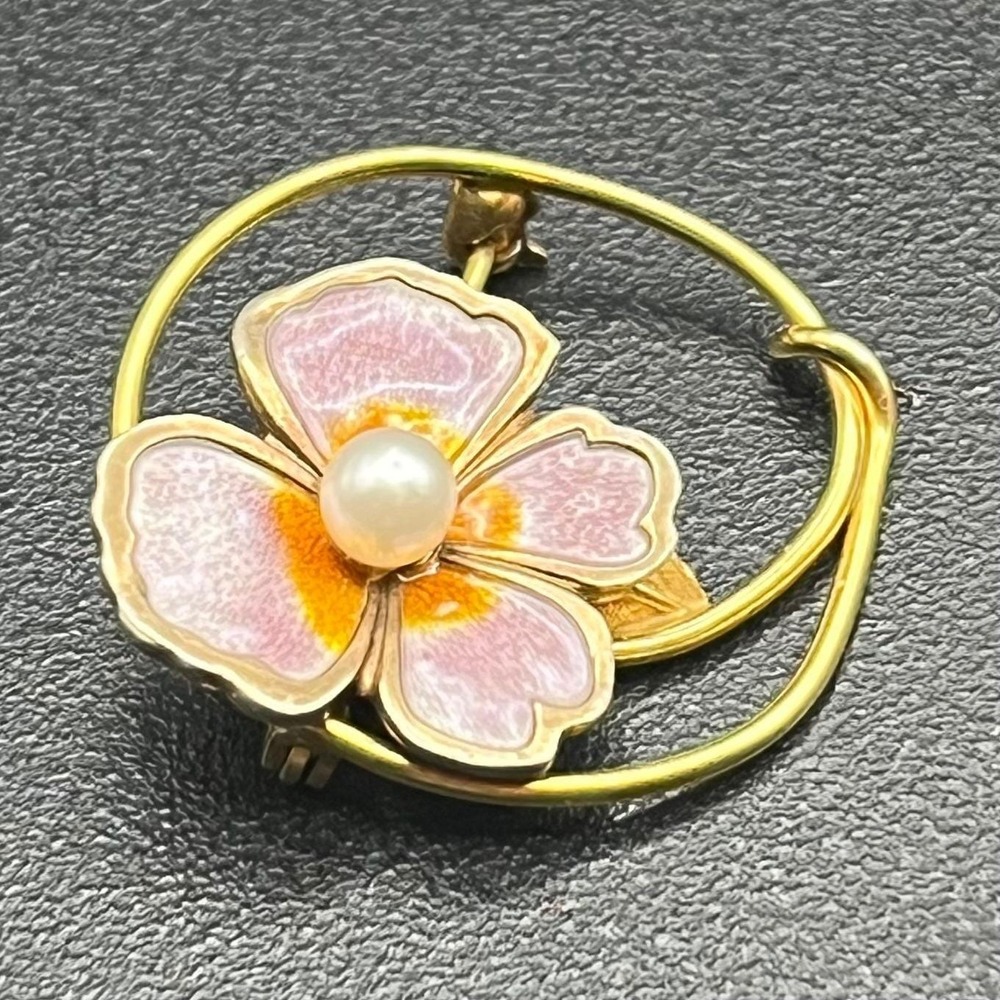 Creed 12K Gold Filled & Sterling Enamel Flower Brooch Mid Century Pearl Pin - Picture 4 of 11